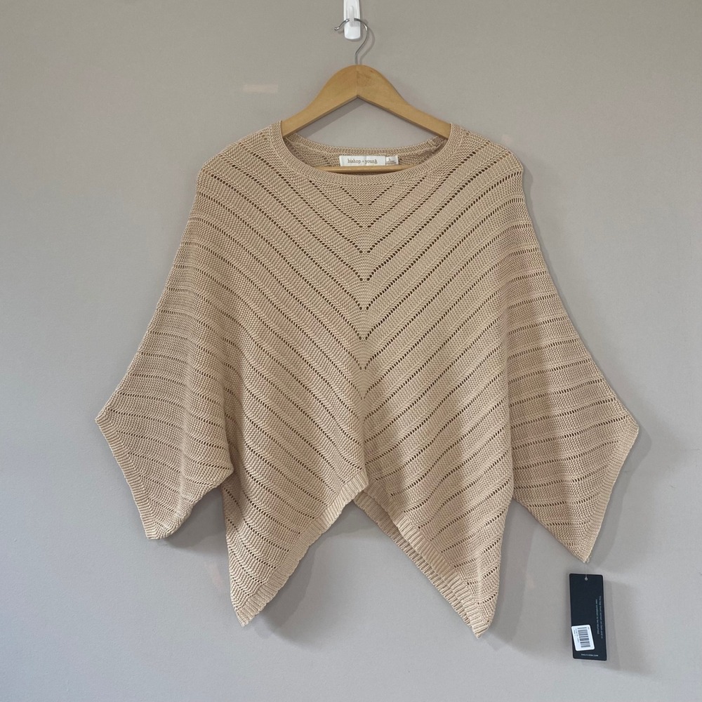 Bishop + Young Tan Pointelle Knit Poncho Sweater Kimono Sleeve Beige NWT Large